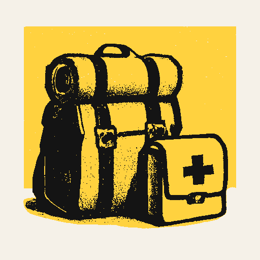 Printed symbol for Medicaid Coverage for Service Members: Military-style duffel bag beside a medical care kit