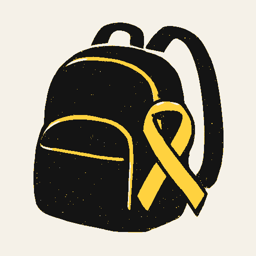 Printed symbol for Child Trafficking Prevention: Child-sized backpack with an awareness ribbon