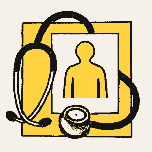 Printed symbol for Quality Health Care Access: Stethoscope resting on a medical chart