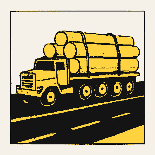 Printed symbol for Logging Vehicle Weight Waivers: Logging truck on an interstate