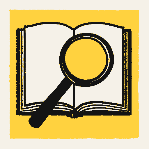 Printed symbol for Legal Code Simplification: Open law book with a magnifying glass