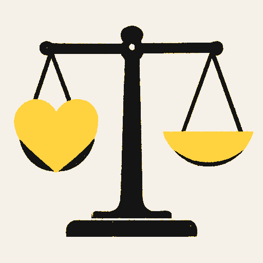Printed symbol for Wellbeing Impact Office: A balance scale with a heart-shaped pan