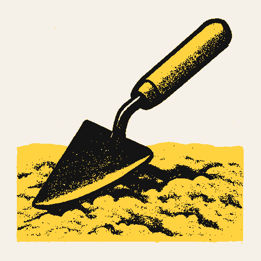 Printed symbol for Work-to-Own Land: Hand hoe resting in cultivated soil